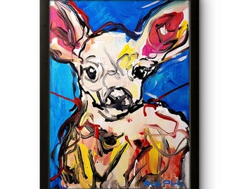 Aleph Original Art Ciervo 9 x 12 Pintura acrílica moderna y colorida sobre lienzo