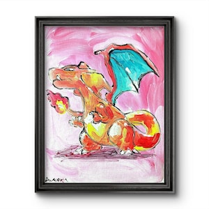 May include: Framed artwork featuring a vibrant painting of a dragon-like creature with orange, yellow, and red hues, accented by blue wings. The artwork is set against a pink background and framed in a black frame.