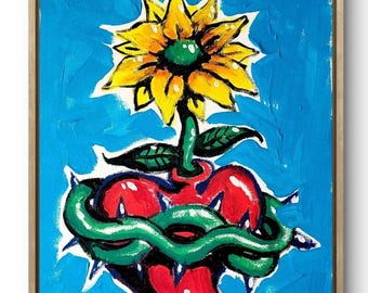 Pintura acrílica original de corazón de flores de 14 x 11 pulgadas, arte moderno colorido sobre lienzo