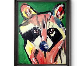 Aleph Hand Painted Racoon 14x11 Abstract Expressionist Original Wall Art Painting Canvas