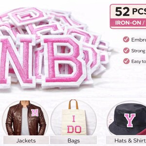 May include: A collection of pink embroidered letters with white borders, perfect for customization. The image includes a banner that reads "52 PCS A-Z IRON-ON / SEW-ON". Examples of use are shown on a jacket, bag, and hat.