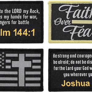 May include: Four black embroidered patches with religious and patriotic themes. One patch features text from Psalm 144:1. Another says "Faith Over Fear" with a cross. A third patch has an American flag and a cross. The last patch has text from Joshua 1:9.