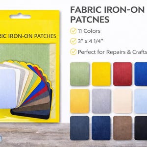 May include: A package of fabric iron-on patches in various colors. The package is yellow and contains a selection of rectangular patches, each approximately 3 inches by 4.25 inches. The text on the package reads "FABRIC IRON-ON PATCHES".