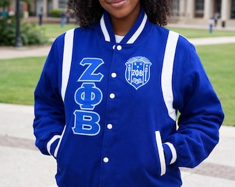 Giacca in lana della confraternita Zeta Phi Beta Varsity, blu e bianca