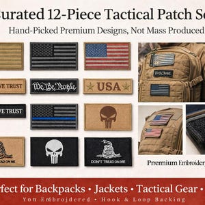 May include: A curated 12-piece tactical patch set featuring various designs, including American flags, the phrase "In God We Trust", and a skull. The patches are designed for backpacks, jackets, and tactical gear.