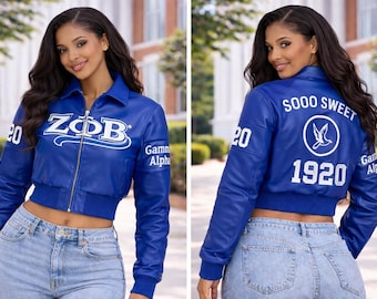 Giacca corta in pelle personalizzata Zeta Phi All Eyes On You, personalizzabile con nome, numero e anno della linea, sconto Finer Woman per Chapters 1920
