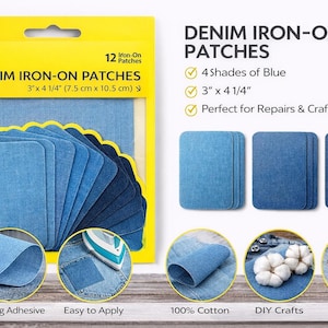 May include: A package of 12 denim iron-on patches in four shades of blue. Each patch measures 3" x 4 1/4". The packaging includes the text "DENIM IRON-ON PATCHES" and "Perfect for Repairs & Crafts".