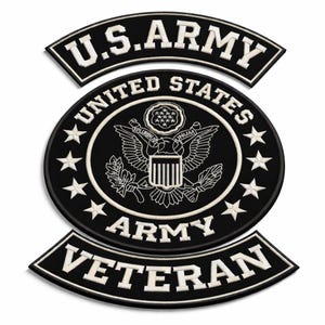 May include: Black and white U.S. Army Veteran patch set. The set includes a curved top patch with "U.S. ARMY", a circular patch with the U.S. Army emblem and "UNITED STATES ARMY", and a curved bottom patch with "VETERAN".