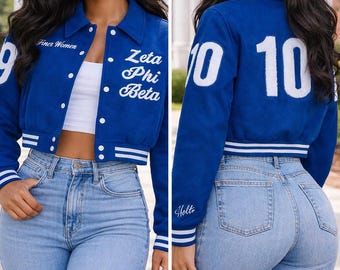 Giacca corta Zeta Phi Beta personalizzata, giacca stile college in lana con nome, numero e anno della linea, sconto Finer Woman per Chapters 1920