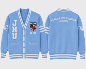Custom Order cardigan  JHU  Light Blue with white fully customized  Molecular & Cellular Biology, Sociology