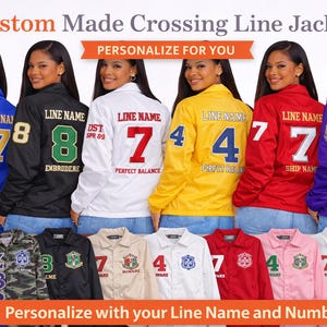 May include: Custom made crossing line jackets in various colors, including blue, black, white, yellow, red, and purple. Each jacket features a line name and number, with the option to personalize. The text "Personalize for You" is also visible.