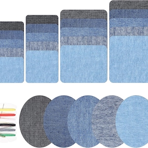May include: A collection of fabric patches in various shades of blue and gray, including rectangular and oval shapes with different denim textures. A small plastic card holds several spools of colored sewing thread and a metal needle for repair.