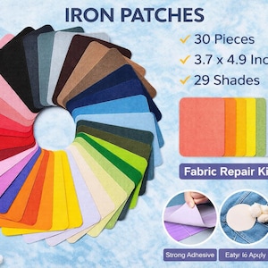 May include: A collection of 30 iron-on fabric patches in 29 shades, arranged in a circular pattern. Each patch measures 3.7 x 4.9 inches. The image includes the text "IRON PATCHES" and "Fabric Repair Kit".