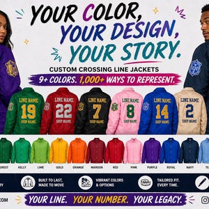 May include: Image of custom crossing line jackets in various colours, with the text "Your Color, Your Design, Your Story." The jackets feature personalised text and numbers. The image also displays a range of jacket colours and design options.