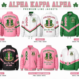 May include: Collection of Alpha Kappa Alpha jackets in various styles and colors, including pink, green, white, and black. Each jacket features the sorority's crest and the text "ALPHA KAPPA ALPHA" and "Your Line Name Est. 1908".