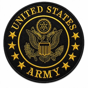 May include: A round black patch with gold embroidered text and details. The words "UNITED STATES ARMY" are arched around the outer edge. The center features an eagle emblem and the words "E PLURIBUS UNUM". Gold stars are placed around the edge.