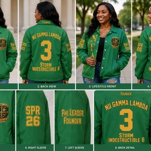 May include: A green snap-button jacket featuring gold embroidery. The front displays NFA and a crest. The back shows Nu Gamma Lambda, the number 3, and Storm Indestructible 6. Sleeves feature Spr 26 and Phi Leader Founder text in gold lettering.