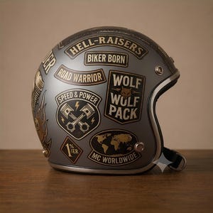 Op de afbeelding: Een matgrijze open motorhelm versierd met diverse stickers in vintage-stijl, waaronder teksten als HELL-RAISERS, BIKER BORN, ROAD WARRIOR, WOLF WOLF PACK, SPEED & POWER, 1%ER en MC WORLDWIDE, samen met een afbeelding van een wereldkaart.