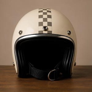 Vintage Open Face Motorcycle Helmet – White Checker Stripe, Retro Biker Style (Decorative)