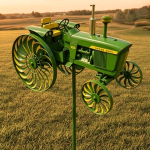 Puede incluir: Una veleta de tractor John Deere verde y amarillo. La veleta presenta una réplica detallada de un tractor antiguo, con ruedas grandes y estilizadas. El tractor está montado sobre un poste verde en un campo.