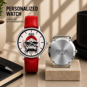 May include: A wristwatch with a red leather strap and a silver case. The watch face features a graphic of a white Toyota GT86 car, a red sun, and Mount Fuji. Next to it is a separate silver watch back with the engraved text CUSTOM TEXT.