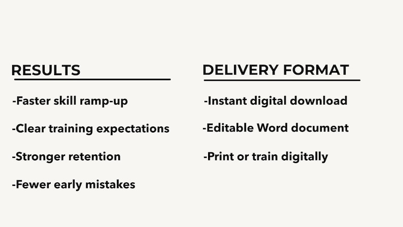 Puede incluir: Gr&aacute;fico color crema con los encabezados "RESULTADOS" y "FORMATO DE ENTREGA". La secci&oacute;n "RESULTADOS" enumera beneficios como una aceleraci&oacute;n m&aacute;s r&aacute;pida de las habilidades. La secci&oacute;n "FORMATO DE ENTREGA" enumera opciones como la descarga digital instant&aacute;nea.