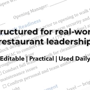 Puede incluir: Documento blanco con el texto "Structured for real-world restaurant leadership". El documento tambi&eacute;n incluye las palabras "Editable | Practical | Used Daily".