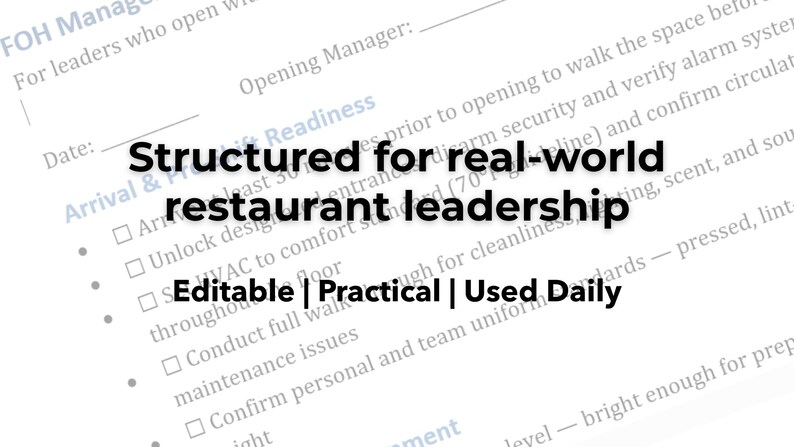 Puede incluir: Documento blanco con el texto "Structured for real-world restaurant leadership". El documento tambi&eacute;n incluye las palabras "Editable | Practical | Used Daily".