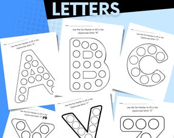 Peut inclure: Plusieurs feuilles de papier blanches avec les lettres majuscules A-Z en pointillés, conçues pour être remplies avec des marqueurs à points. Le titre "A-Z DOT UPPERCASE LETTERS" est affiché en haut. Chaque lettre a une instruction.