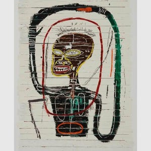 May include: Abstract artwork depicting a figure with a brown head and yellow face, red mouth, and black body. The artwork has a red oval around the head and body, with black and green lines. The background is white with horizontal lines.