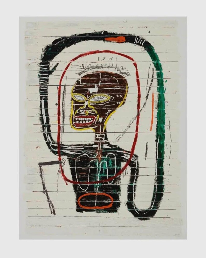 May include: Abstract artwork depicting a figure with a brown head and yellow face, red mouth, and black body. The artwork has a red oval around the head and body, with black and green lines. The background is white with horizontal lines.