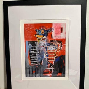 May include: Abstract artwork in a black frame. The art features a figure with a red background, blue and grey accents, and the word "THERMOS". The artwork has a modern, expressive style with visible brushstrokes and text.
