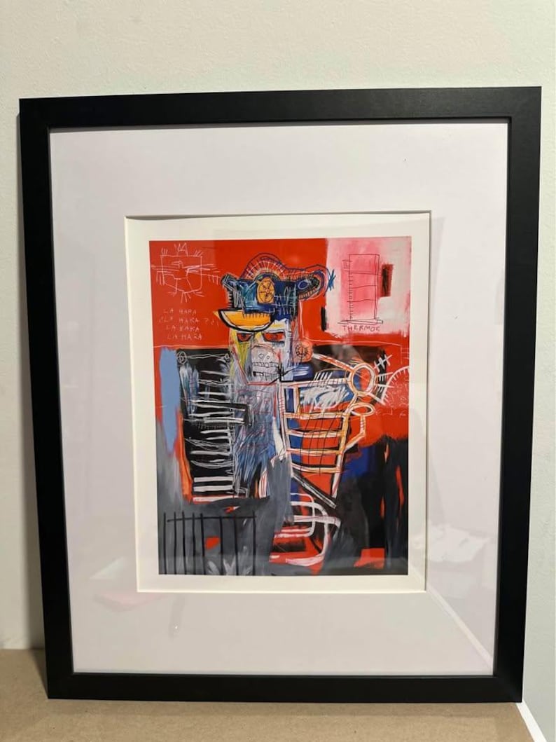May include: Abstract artwork in a black frame. The art features a figure with a red background, blue and grey accents, and the word "THERMOS". The artwork has a modern, expressive style with visible brushstrokes and text.