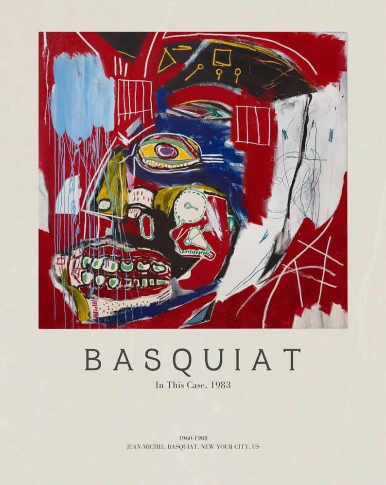 May include: A poster of a Basquiat artwork, displaying a colourful face with red, blue, yellow, and white hues. The painting, titled "In This Case, 1983", includes the artist's name and dates. The artwork is a striking example of neo-expressionism.