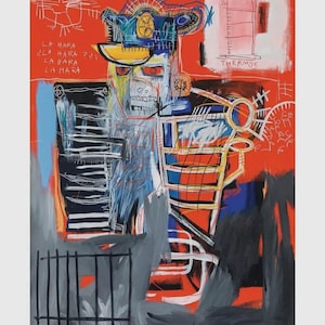 May include: Abstract artwork with a red backdrop and a central figure with a skull-like face. The painting incorporates blue, yellow, and white elements, with the word "THERMOS" and the phrase "LA HARA" visible. The style is reminiscent of graffiti art.