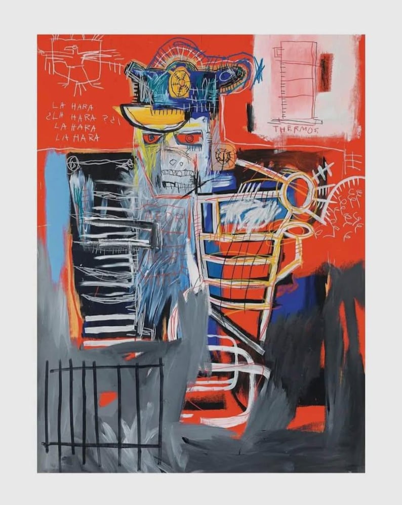 May include: Abstract artwork with a red backdrop and a central figure with a skull-like face. The painting incorporates blue, yellow, and white elements, with the word "THERMOS" and the phrase "LA HARA" visible. The style is reminiscent of graffiti art.