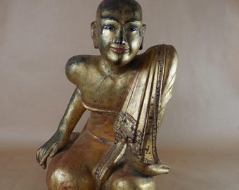 19th Century Antique Hand Carved Wooden Statue of Buddhist Seated Monk
