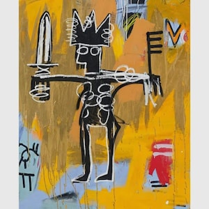 May include: Abstract artwork depicting a black figure wearing a crown, holding a sword and a key. The background is a mix of yellow, brown, blue, and red. The style is reminiscent of street art.