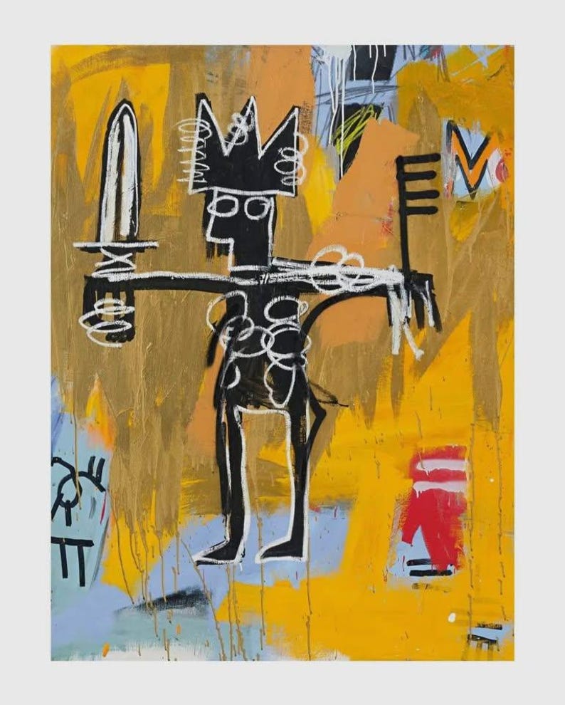 May include: Abstract artwork depicting a black figure wearing a crown, holding a sword and a key. The background is a mix of yellow, brown, blue, and red. The style is reminiscent of street art.