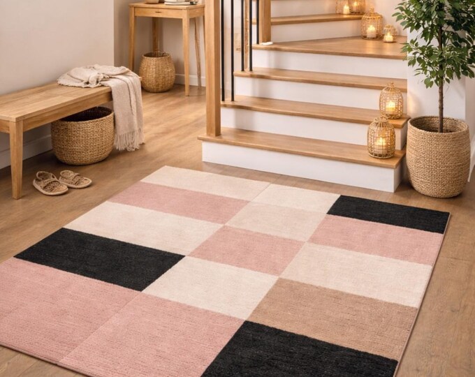 Hand Tufted Wool Area Rug | Pink Beige Black Checkered, Modern Geometric