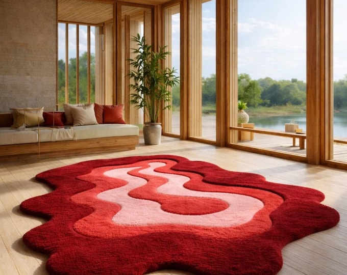 Abstract Organic  Odd Shape Tufted Rug, Handmade Modern Area Rug, Red Pink Wavy Designer Carpet for Living Room