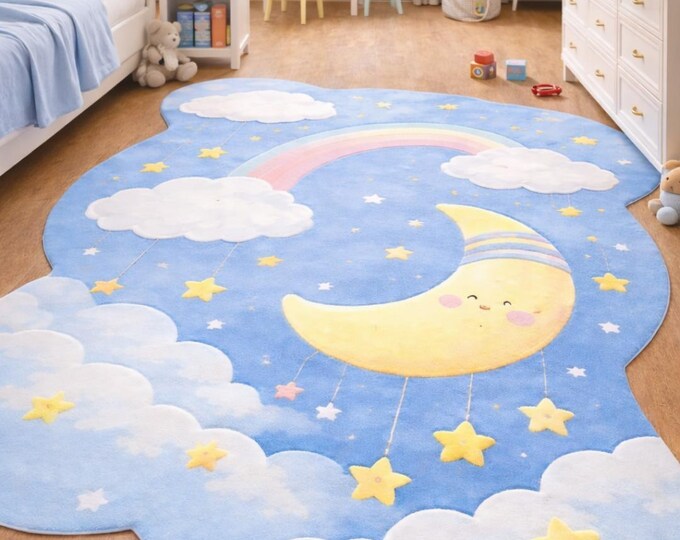 Hand-Tufted Blue Sky Woolen Rug: Modern Abstract Kids Cut Bedroom Rug,Living Room Rug.Kids Nursery Play Area Rug