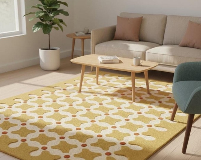 Modern Yellow Wool Area Rug, Modern Abstract Hand Tufted Carpet Geometric Patio Rug,Yellow Area Rug Decor Rug, Badroom Rug,