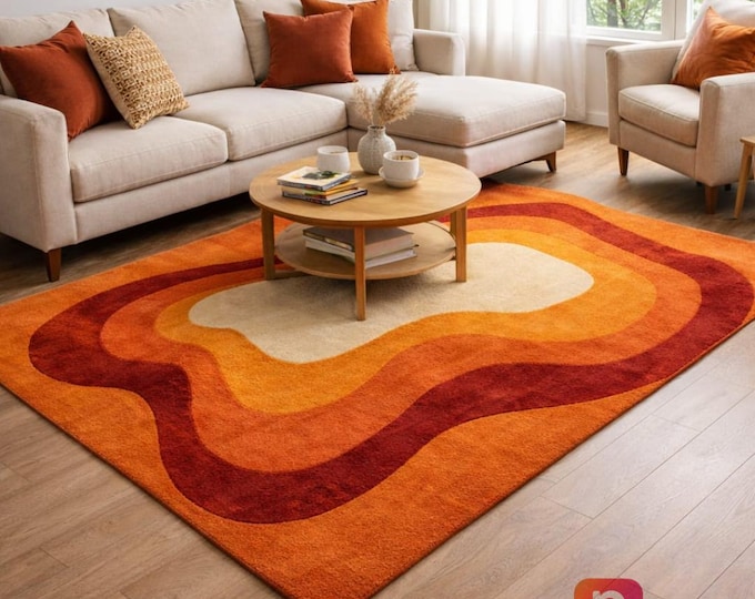 Hand tufted wool area rug Mid century modern abstract orange Boho  carpet soft plush living room decor  8X10 9X12 Custom size