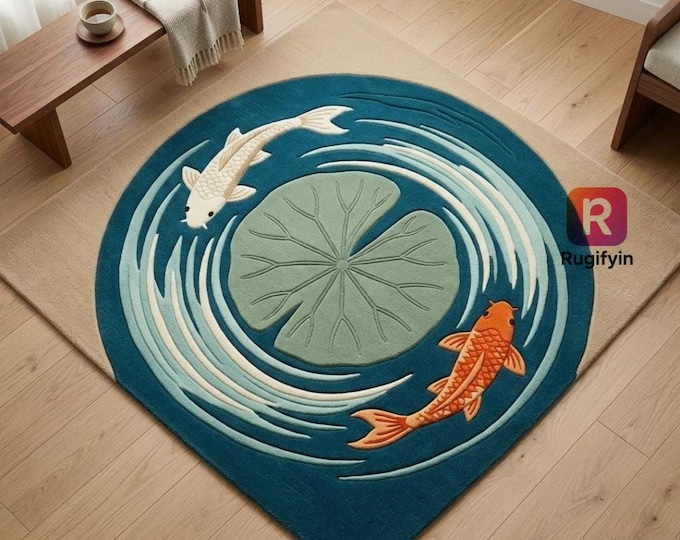 Handmade Koi Fish Rug, 3D Tufted Wool Carpet for Living Room, Artistic Zen Pond Area Rug, Large Square Animal Rug, Premium New Zealand Wool