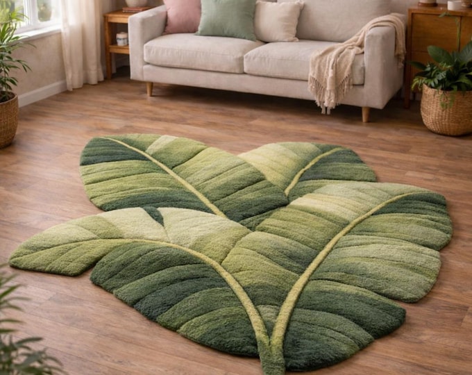 Hand Tufted Leaf Rug – Green Botanical Carpet, Modern Home Décor
