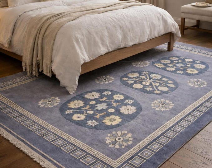 Traditional Scandinaveian Handwoven Blue Floral Kilim Rug – Flatweave Charming 6x9, 8x10, 9x12Rug