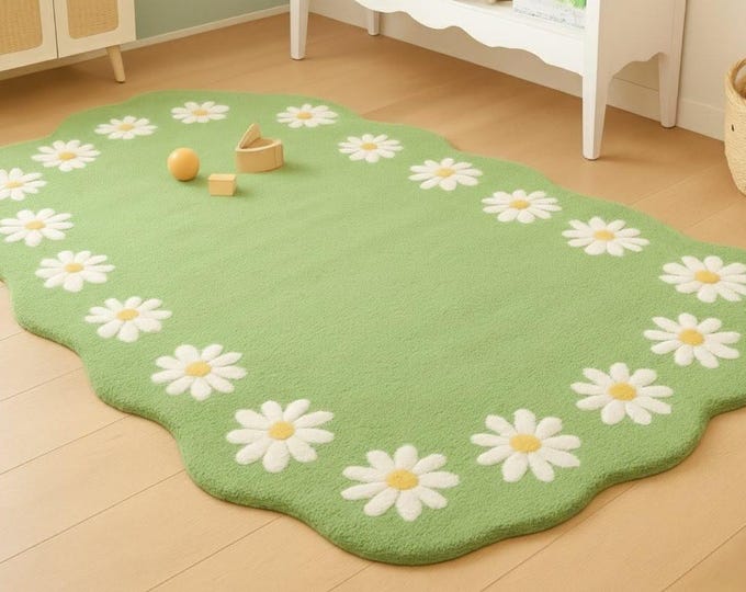 Modern Green OutdoorTufted Rug, Handmade Wool Area Rug,Floral Scandinavian balcony carpet minimalist Area rug living Room rug Decor rug.