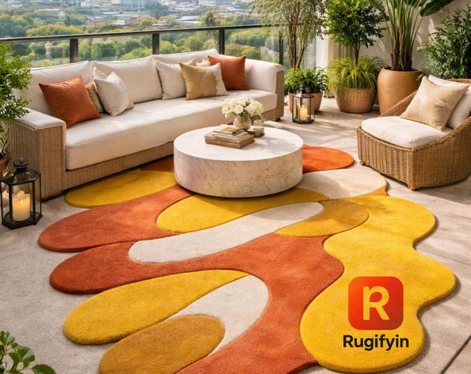 Burnt Orange White Irregular Tufted Rug, Abstract Organic Shape Wool Rugs For living room.