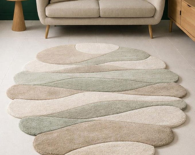 Modern Abstract Hand Tufted Rug, Neutral Pastel Area Rug,Organic Shape Wool Carpet, Contemporary Living Room Bedroom Rug, Soft Minimal Decor